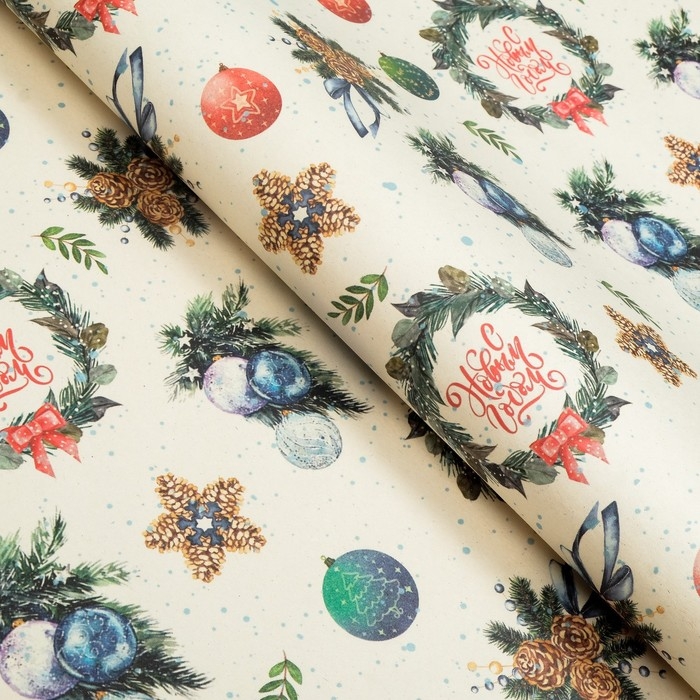 Новый год. Бумага упаковочная крафт "Венки",1 лист , 70 х 100 см