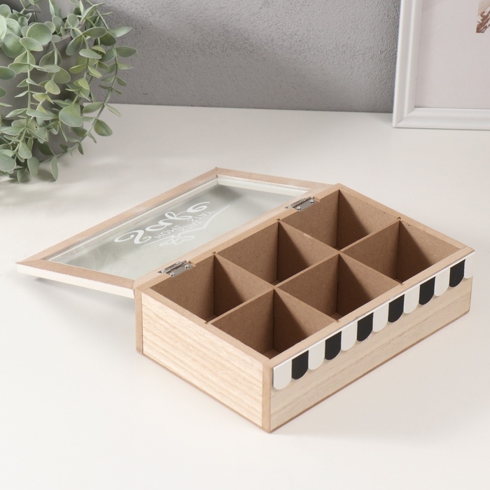 Шкатулка дерево с делениями "Крыша дома с сердечками" чёрная с белым 23х15х7 см