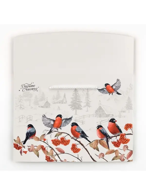 Пакет&mdash;коробка &laquo;Зима в деревне&raquo;, снегири, 28 х 20 х 13 см