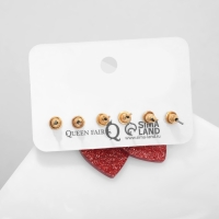 Серьги набор 3 пары LOVE сердечки, цвет бело-красный в золоте