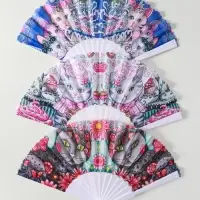 Веер пластик, текстиль "Котики. Цветочная абстракция" МИКС широкие лопасти 23 см