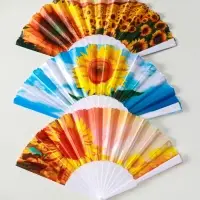 Веер пластик, текстиль "Подсолнухи" МИКС широкие лопасти 23 см