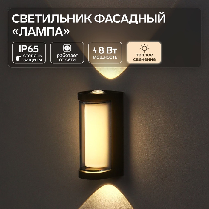 Светильник фасадный &laquo;Лампа&raquo;, FSD-061, 8 Вт, 3000К, IP65, 220 В, пластик, черный