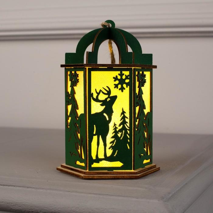 Ёлочная игрушка «Зелёный фонарь с оленем», от батареек, свечение тёплое белое Ёлочная игрушка «Зелёный фонарь с оленем», от батареек, свечение тёплое белое