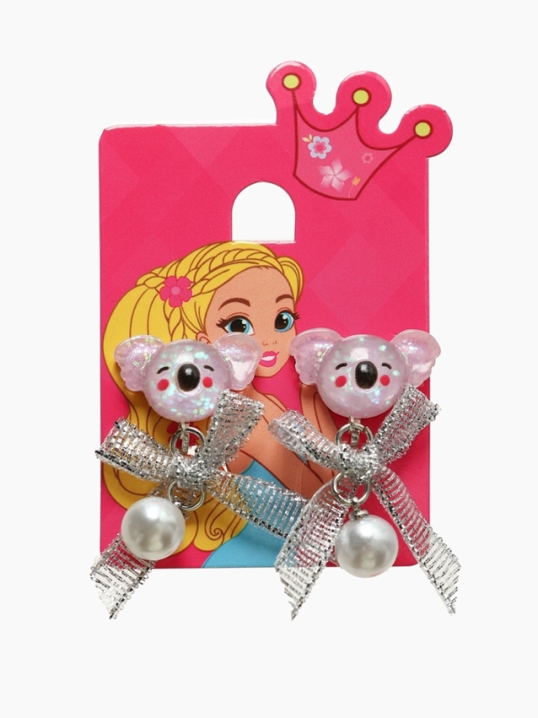 Серьги-клипсы детские "Выбражулька" коала с бантом и жемчужиной, цветные