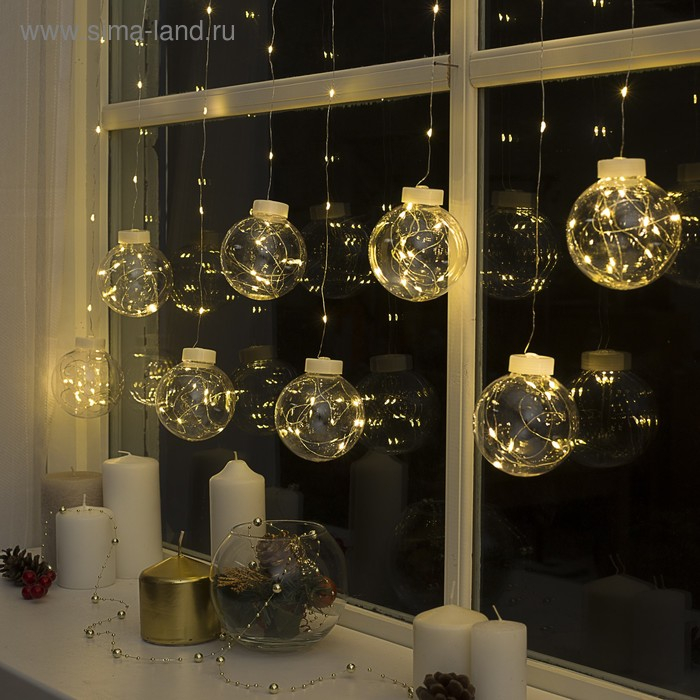 Гирлянда &laquo;Бахрома&raquo; 2.5 &times; 0.7 м роса с насадками &laquo;Шарики&raquo;, IP20, серебристая нить, 150 LED, свечение тёплое белое, 12 В