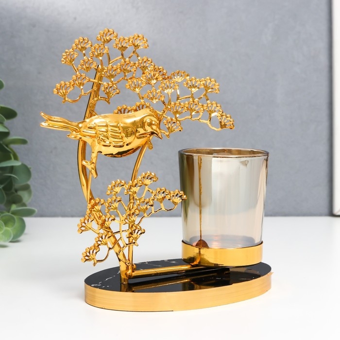 Подсвечник металл, стекло на 1 свечу Подсвечник металл, стекло на 1 свечу "Птица на деревце" d-5 см, золото 8х15х17,5 см