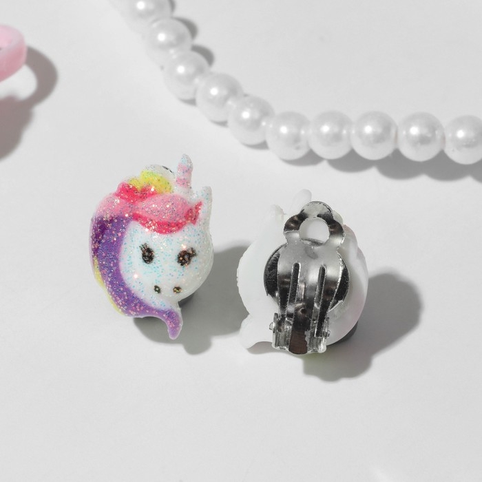 Набор детский 4 предмета: клипсы, бусы, браслет, кольцо &laquo;Единорожка&raquo;, цветной