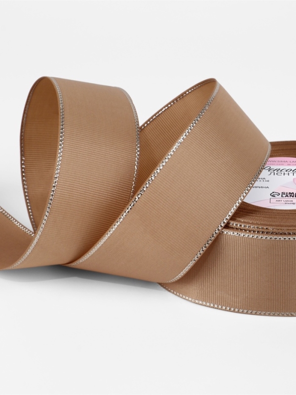 Лента репсовая 40мм*25&plusmn;1ярд(23м&plusmn;1м) серебряные нити №173 бежевый АУ