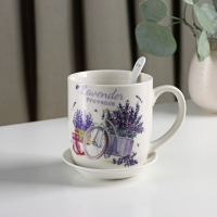 Кружка керамическая с ложкой на подставке &laquo;Лаванда&raquo;, 330 мл, рисунок МИКС