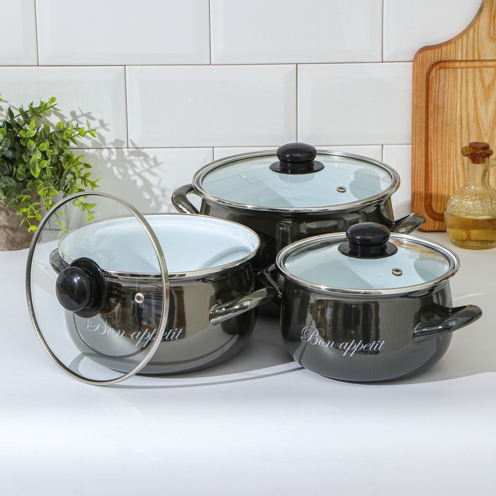 Набор кастрюль &laquo;Металлик&raquo;, 3 предмета: 2,1 л, 3,1 л, 4 л, индукция, цвет чёрный