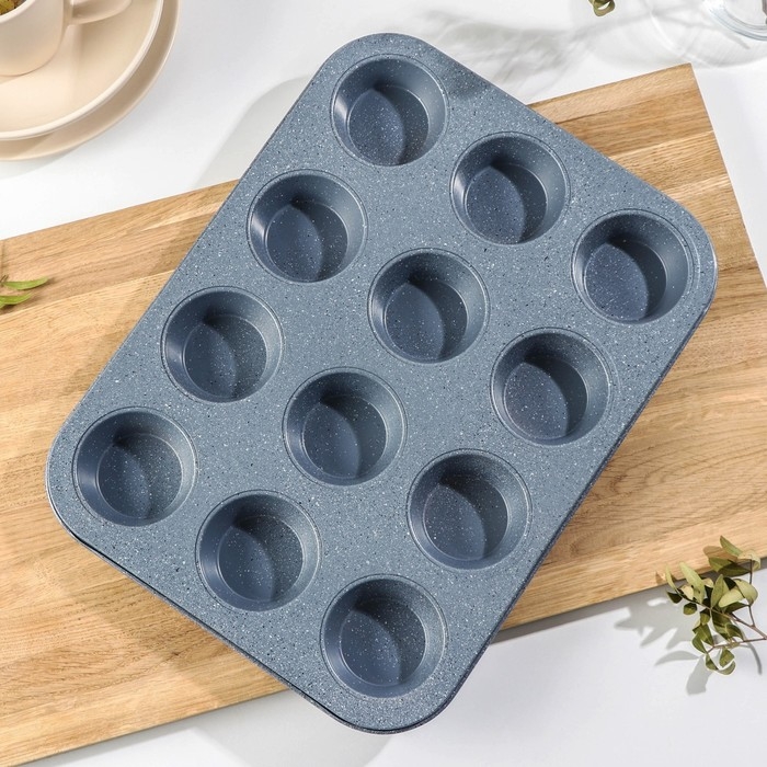 Форма для выпечки Доляна &laquo;Мрамор&raquo;, 35&times;27 см, 12 ячеек, антипригарное покрытие, цвет серый