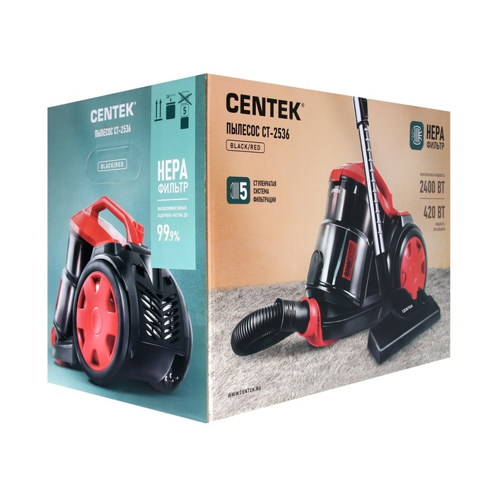 Пылесос Centek CT-2536, 2400/ 420 Вт, НEPA-фильтр, чёрно-красный Пылесос Centek CT-2536, 2400/ 420 Вт, НEPA-фильтр, чёрно-красный