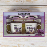 Набор кружек керамических с ложками и подставками &laquo;Букет лаванды&raquo;, 2 предмета: 330 мл, рисунок МИКС