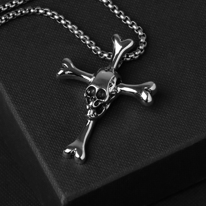 Кулон унисекс &laquo;Крестик&raquo; с черепом, цвет чернёное серебро, 60 см