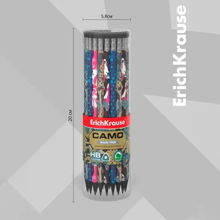 Карандаш чернографитный с ластиком ErichKrause "Camo", HB, грифель d=2.2 мм, пластик, трёхгранный в тубусе, микс