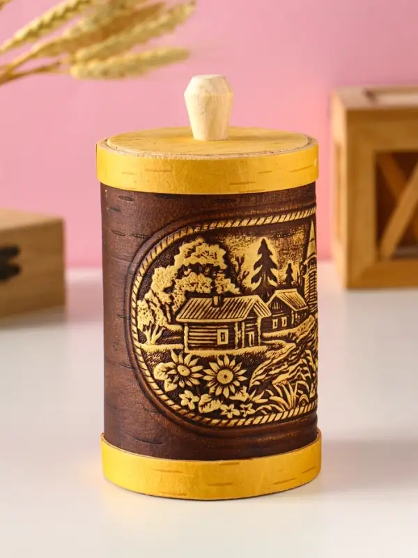 Туес "Деревенька", D8смхH(с хватком)15,5см, береста