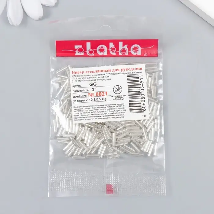 Бисер "Zlatka" стеклярус 10 г, размер 3", 6 мм, №0021 прозрачный 93"78543"