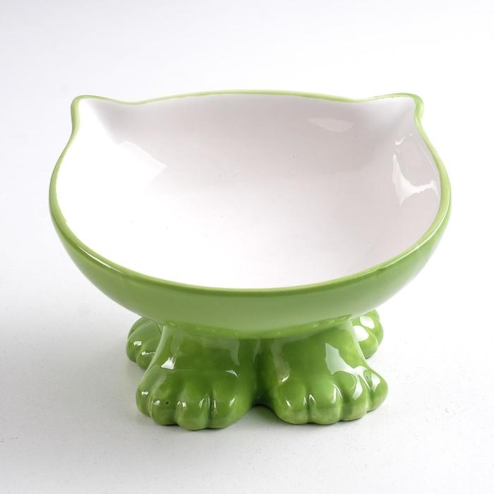 Миска керамическая "Киса" на подставке-лапках 200 мл  13 х 12 х 8 см, зелёная/белая