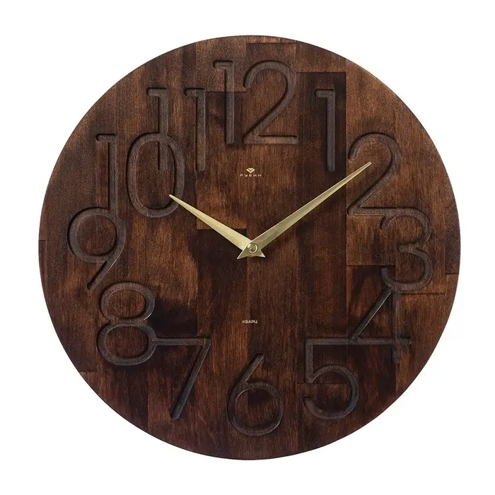 Часы настенные, интерьерные, бесшумные, d-35 см, дерево, открытые, темный циферблат