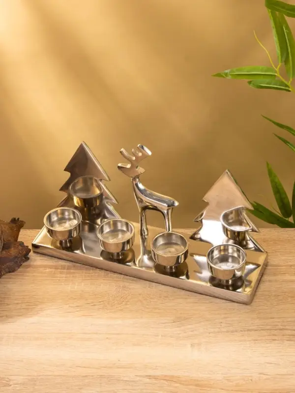 Подсвечник на 4 свечи "Рудольф и ёлки" алюминий 30х9х15 см