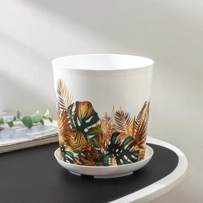 Горшок для цветов с поддоном Доляна &laquo;Голди. Листья&raquo;, 1,6 л, d=14 см, h=15,5 см, пластиковый, цвет белый
