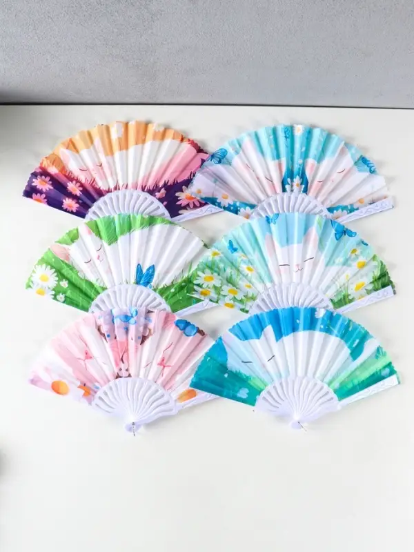 Веер пластик, текстиль "Спящие котики на полянке" МИКС 23 см