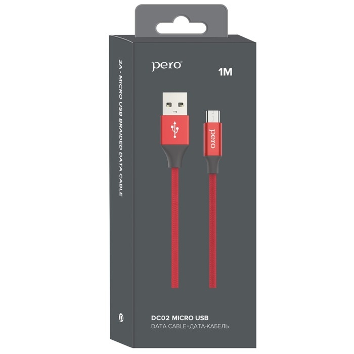 Кабель PERO DC-02, microUSB - USB, 2 А, 1 м, тканевая оплетка, красный Кабель PERO DC-02, microUSB - USB, 2 А, 1 м, тканевая оплетка, красный