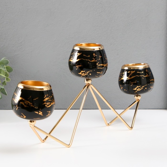 Подсвечник металл на 3 свечи "Чёрный мрамор с золотыми прожилками - зиг-заг" золото 41х19см