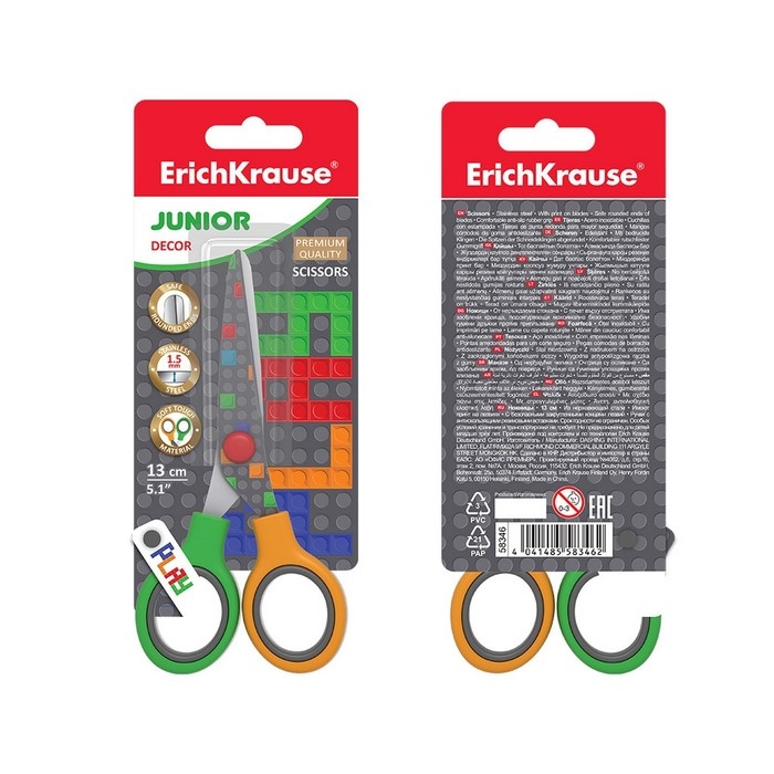 Ножницы детские 13 см, ErichKrause Junior Decor Color Bricks, с принтом на лезвиях, закруглённые концы, блистер