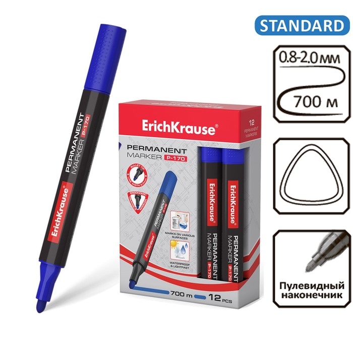 Маркер перманентный ErichKrause P-170, 2.0 мм, чернила на спиртовой основе, синий Маркер перманентный ErichKrause P-170, 2.0 мм, чернила на спиртовой основе, синий