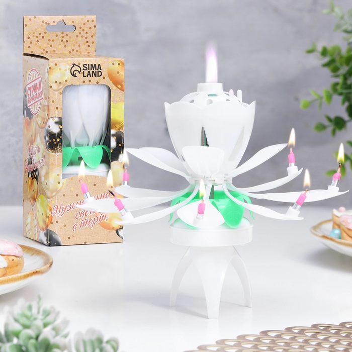 Свеча для торта музыкальная "Тюльпан", крутящаяся, белая, 14,5&times;6 см