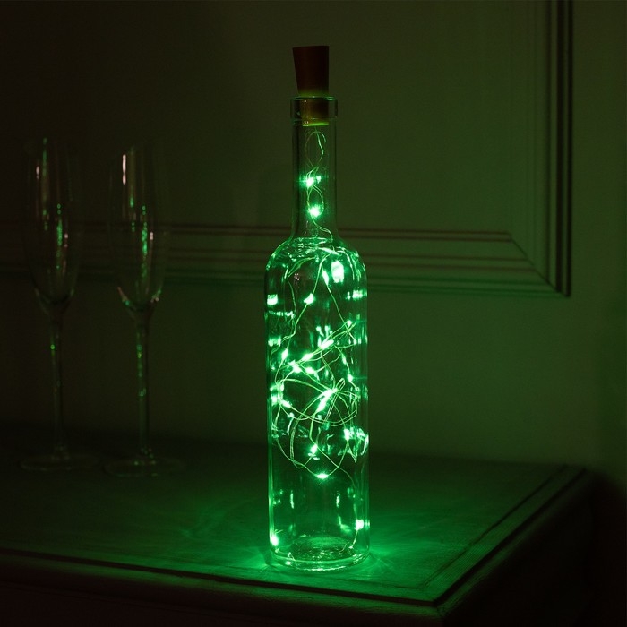 Гирлянда &laquo;Нить&raquo; 2 м роса с пробкой, IP20, серебристая нить, 20 LED, батарейки LR44х3 (в комплекте), свечение зелёное