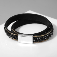 Браслет кожа &laquo;Каменная роскошь&raquo; россыпь, цвет серый в серебре, L=37 см