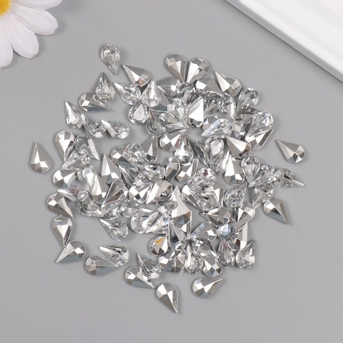 Декор для творчества пластик "Стразы капля. Серебро" набор 100 шт 0,8х1,3 см
