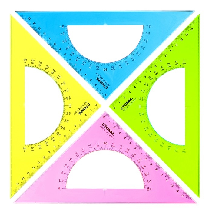 Треугольник c транспортиром 16 см Стамм Neon Cristal, 45&deg;, пластиковый, прозрачный, неоновые цвета, европодвес, микс
