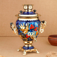 Набор «Птица на синем», жёлудь, 3 предмета, самовар 3 л, заварочный чайник 0,7 л, поднос Набор «Птица на синем», жёлудь, 3 предмета, самовар 3 л, заварочный чайник 0,7 л, поднос