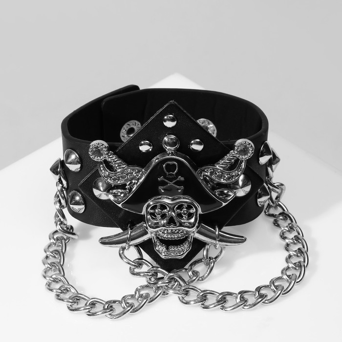Браслет кожа &laquo;Череп&raquo; пират, цвет чёрный с серебром, 21 см