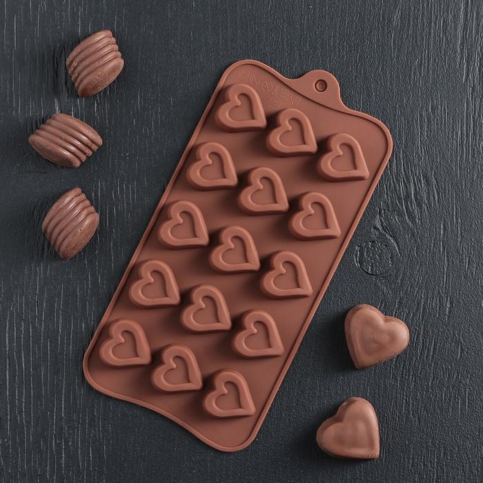 Форма для конфет и шоколада Доляна &laquo;Сердечко&raquo;, силикон, 21&times;10 см, 15 ячеек (2,7&times;2,8 см), цвет МИКС