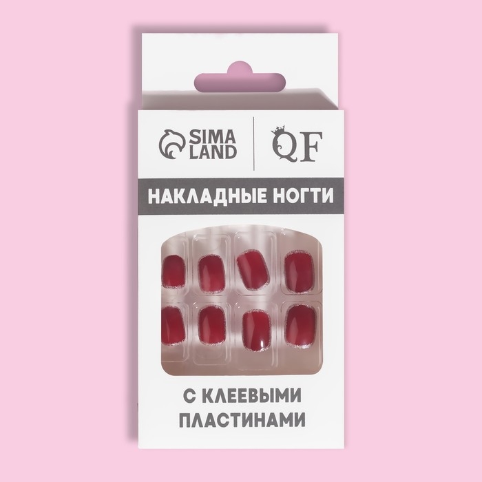 Накладные ногти &laquo;Wine&raquo;, 12 шт, с клеевыми пластинами, форма мягкий квадрат, цвет бордовый/серебристый
