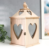 Подсвечник дерево "Фонарь домик с сердцами" набор 2 шт 28х14,5х14,5; 38х19,5х19,5 см