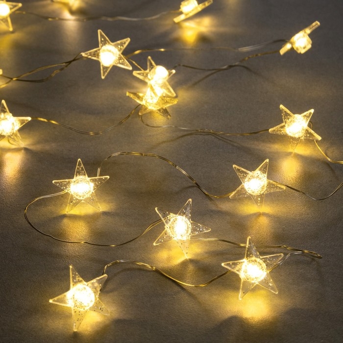 Гирлянда &laquo;Нить&raquo; 2 м роса с насадками &laquo;Снежная звезда&raquo;, IP20, серебристая нить, 20 LED, 2 режима, батарейки ААх2 (нет в комплекте), свечение тёплое белое