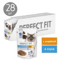 Влажный корм Perfect Fit для кошек,  для шерсти и кожи, индейка, пауч,  75 г