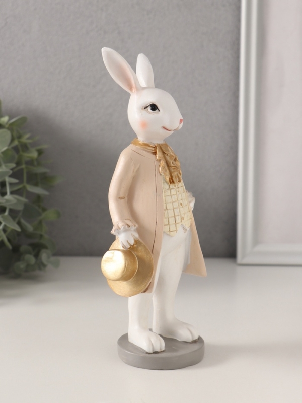 Сувенир полистоун "Белый кролик с золотым цилиндром и жабо" 8,5х6х20 см