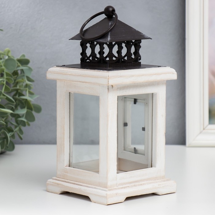 Подсвечник дерево на 1 свечу "Фонарь с дверцей" белый состаренный 22х11,2х11,2 см