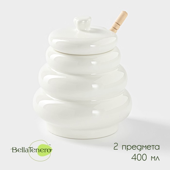 Ёмкость фарфоровая для мёда с ложкой BellaTenero &laquo;Бочонок&raquo;, 400 мл, цвет белый