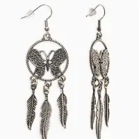 Серьги метал "Аутентичность" бабочка с перьями, цвет чернёное серебро