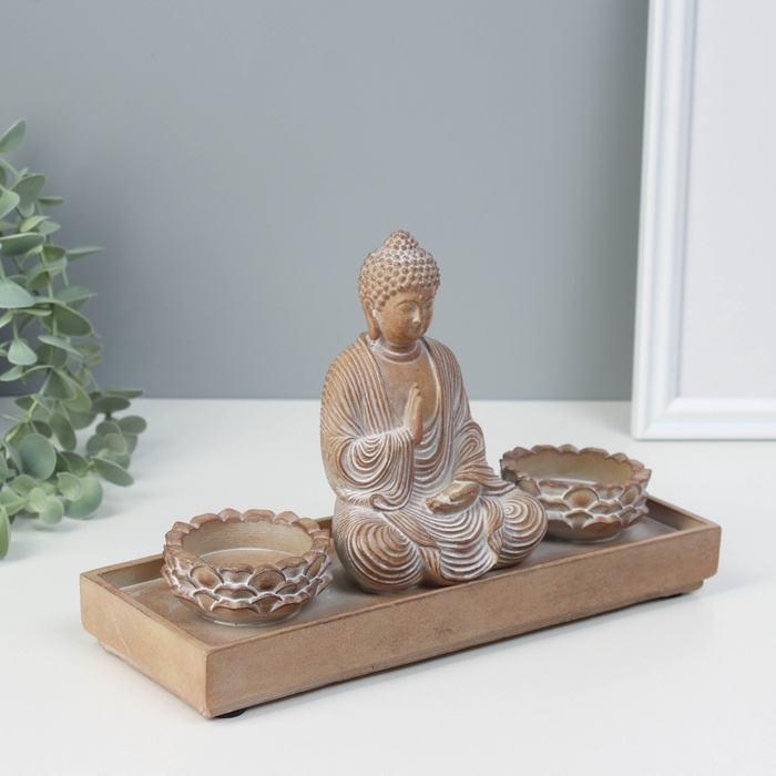 Сувенир полистоун подсвечник на 2 свечи Сувенир полистоун подсвечник на 2 свечи "Будда - медитация" под серебро 8,7х24,3х15 см