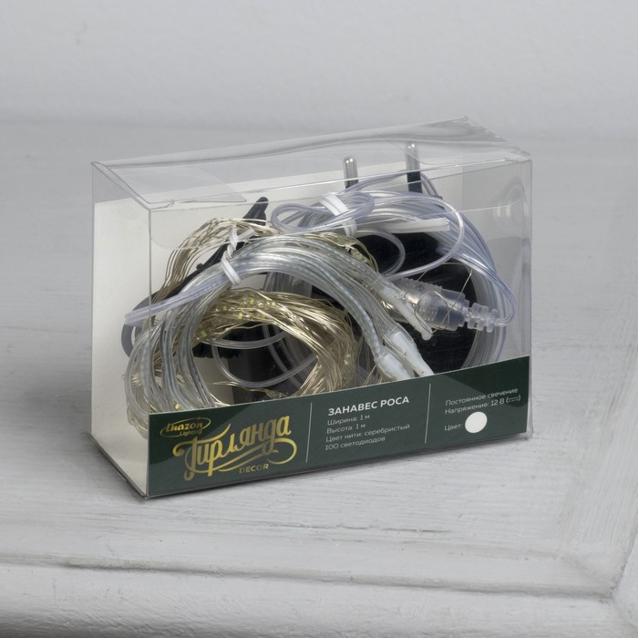 Гирлянда &laquo;Занавес&raquo; 1 &times; 1 м роса, IP20, серебристая нить, 100 LED, свечение белое, 12 В