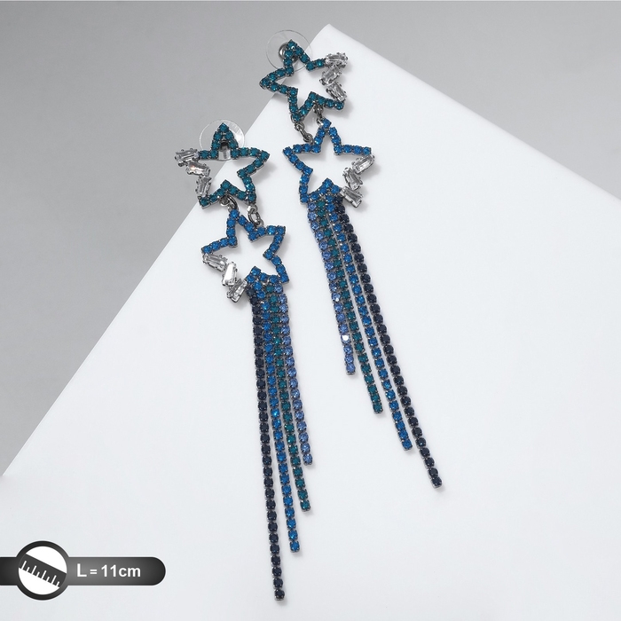 Серьги висячие со стразами «Водопад» звёзды, цвет синий в сером металле, 11 см Серьги висячие со стразами «Водопад» звёзды, цвет синий в сером металле, 11 см